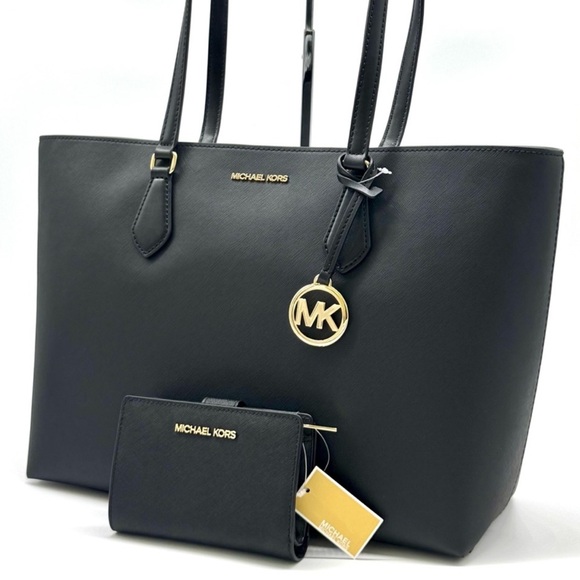 Michael Kors Sheila Large Logo Tote Bag & Matching Bifold Wallet Black/Gold - Picture 1 of 14